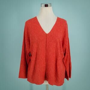 Habitat Size Small S Orange V Neck 3/4 Sleeve Boxy Artsy Linen Cotton Sweater